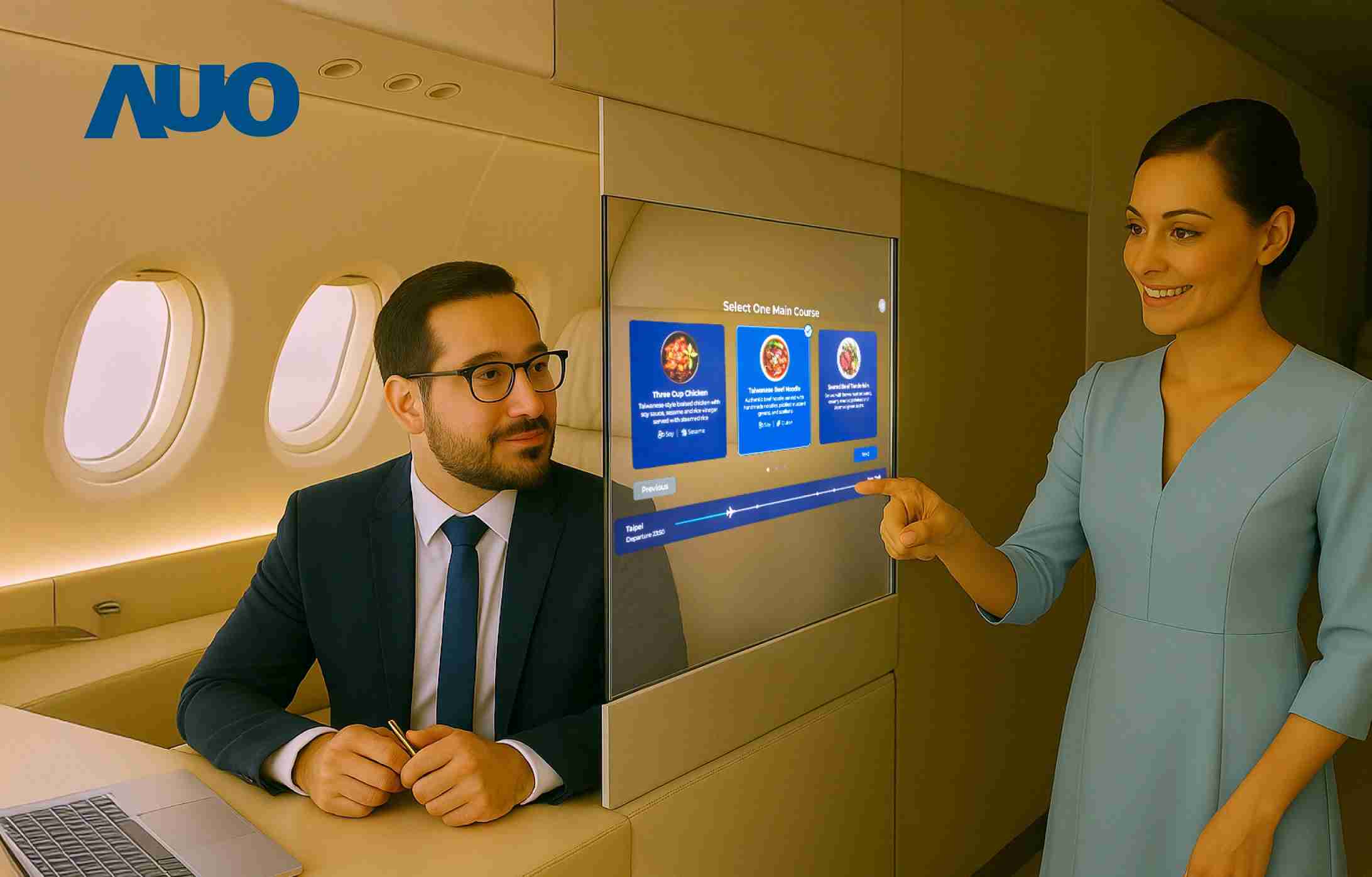 壹号平台研发全球最薄17.3 吋双面透明 Micro LED 显示器，，可在同一屏幕之双边投射不同信息，，，，创造独特的”透明化”互动；图为实时翻译交流应用情境